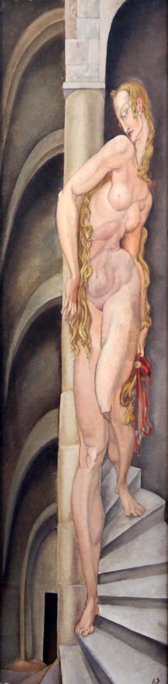Albert Victor Ormsby Wood (1904-1977) Nude on a spiral staircase 27 x 6.75in.